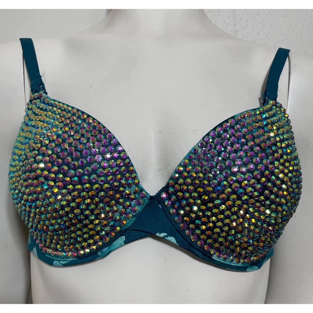 Teal Floral Size 32D AB Amethyst Rhinestone Sparkle Bra Rave Festival Burlesque